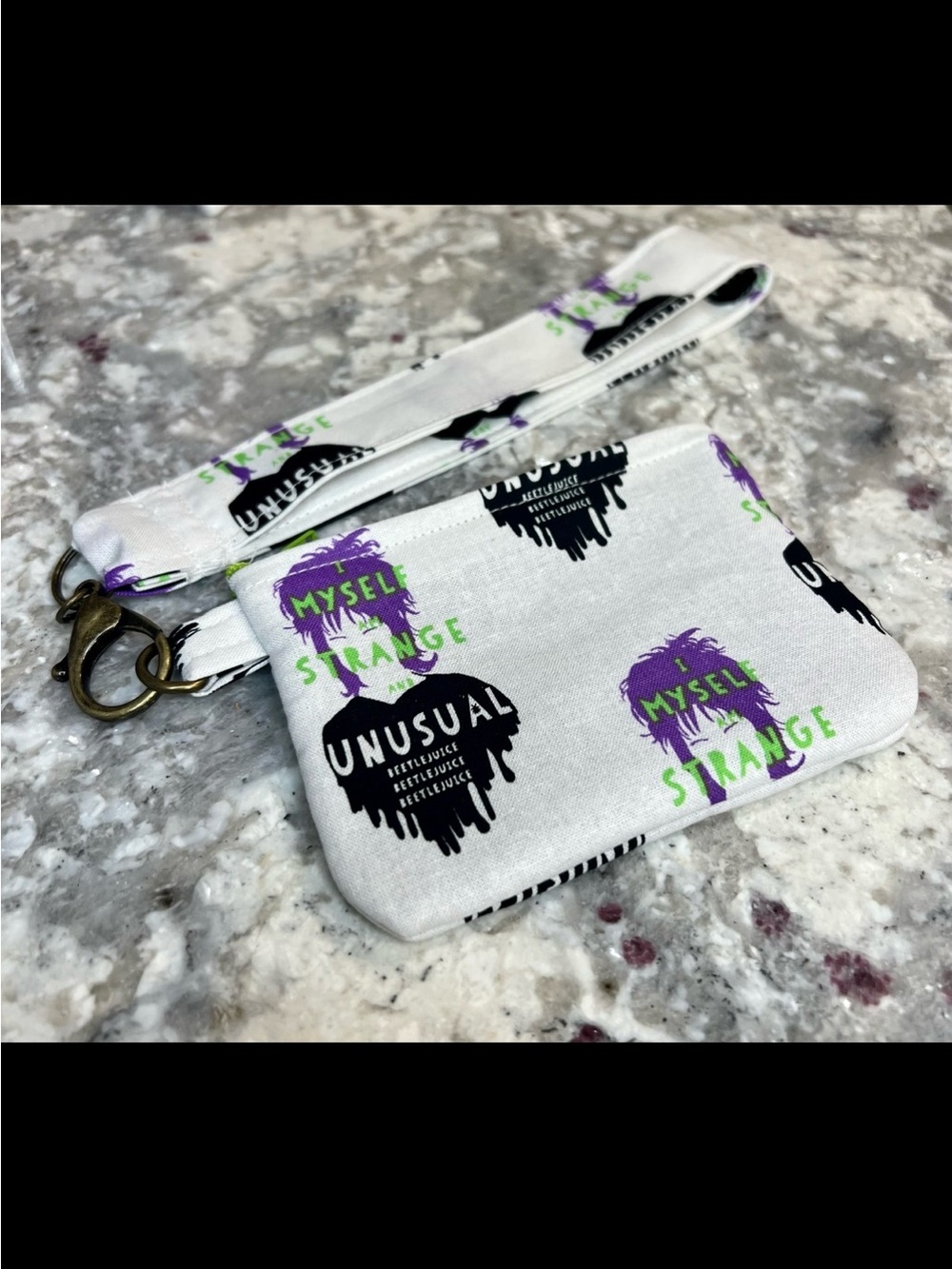 Beetlejuice-Inspired Wristlet Pouch - White with Purple & Green